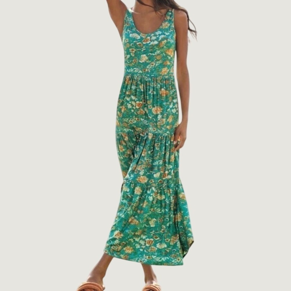 Peruvian Connection XS Jade Garden Sleeveless Tiered Maxi Dress Boho Hippie